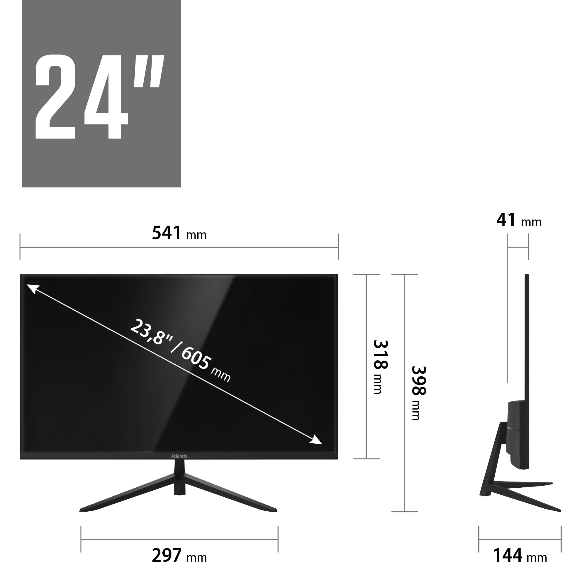 Atlantis Monitor 24 pollici, schermo 24" IPS 75Hz, Full HD 1920x1080, VGA HDMI, MULTIMEDIALE, FreeSync, Uscita Audio/Cuffie, inclinabile, risposta 5ms, Contrasto 1000:1, Angolo 178/178, Cavo HDMI 1,5m