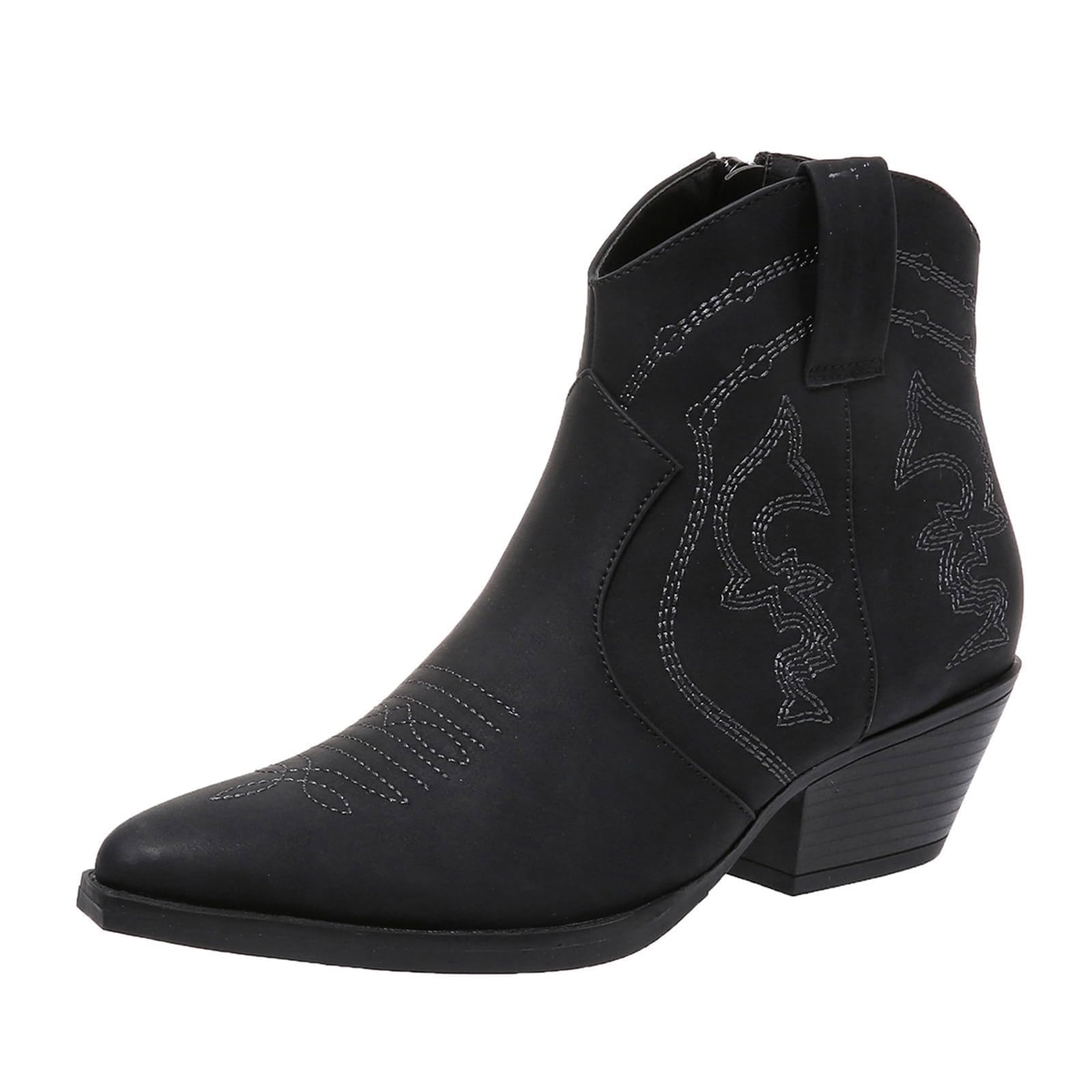 Cowboy Boots for Women Fashion Pointed Toe Zipper Chunky Heels Ankle Booties Western Embroidered Stitched Cowgirl Short Boots