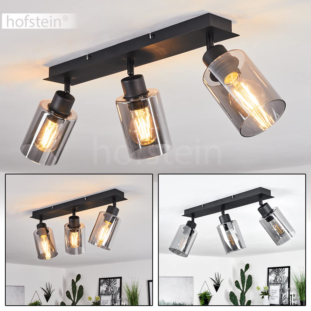 Lampada da soffitto Hunouri, lampada da soffitto in metallo/vetro in nero/fumo, con paralumi in vetro fumé, 3 luci, attacco E27, paralumi ruotabili, senza lampadina/e