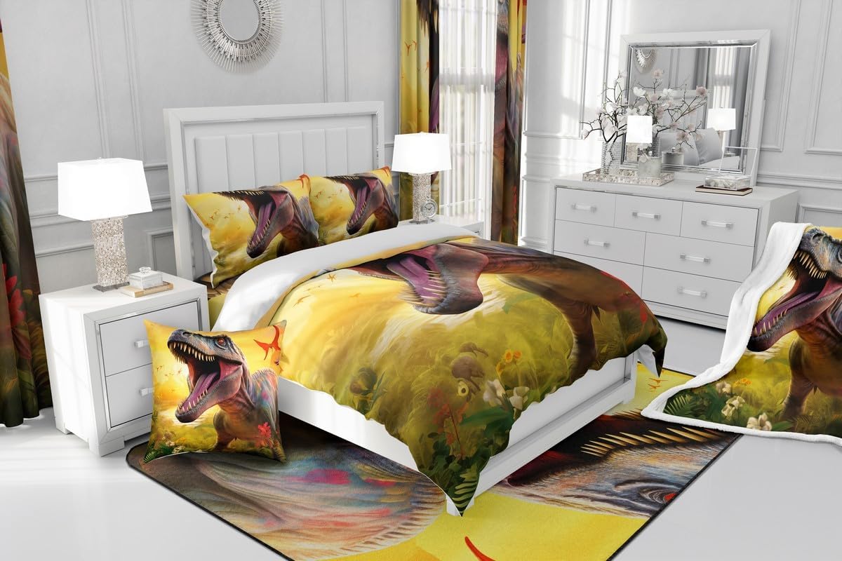 Erosebridal Toddler Queen Quilt Set Boys Dinosaur Coverlet Set, 3D Tyrannosaurus Rex Bedding Set Jungle Animal Bedspread Set, Cartoon Wildlife Bed Quilt Luxury Bedroom Decor 3pcs