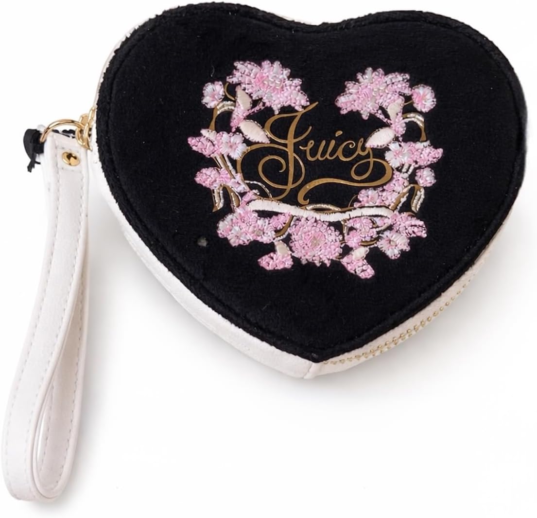 Juicy Couture Women’s Juicy In Bloom Heart Coin Purse Wristlet Wallet Zip Pouch, 5x4 in (Liquorice Black)
