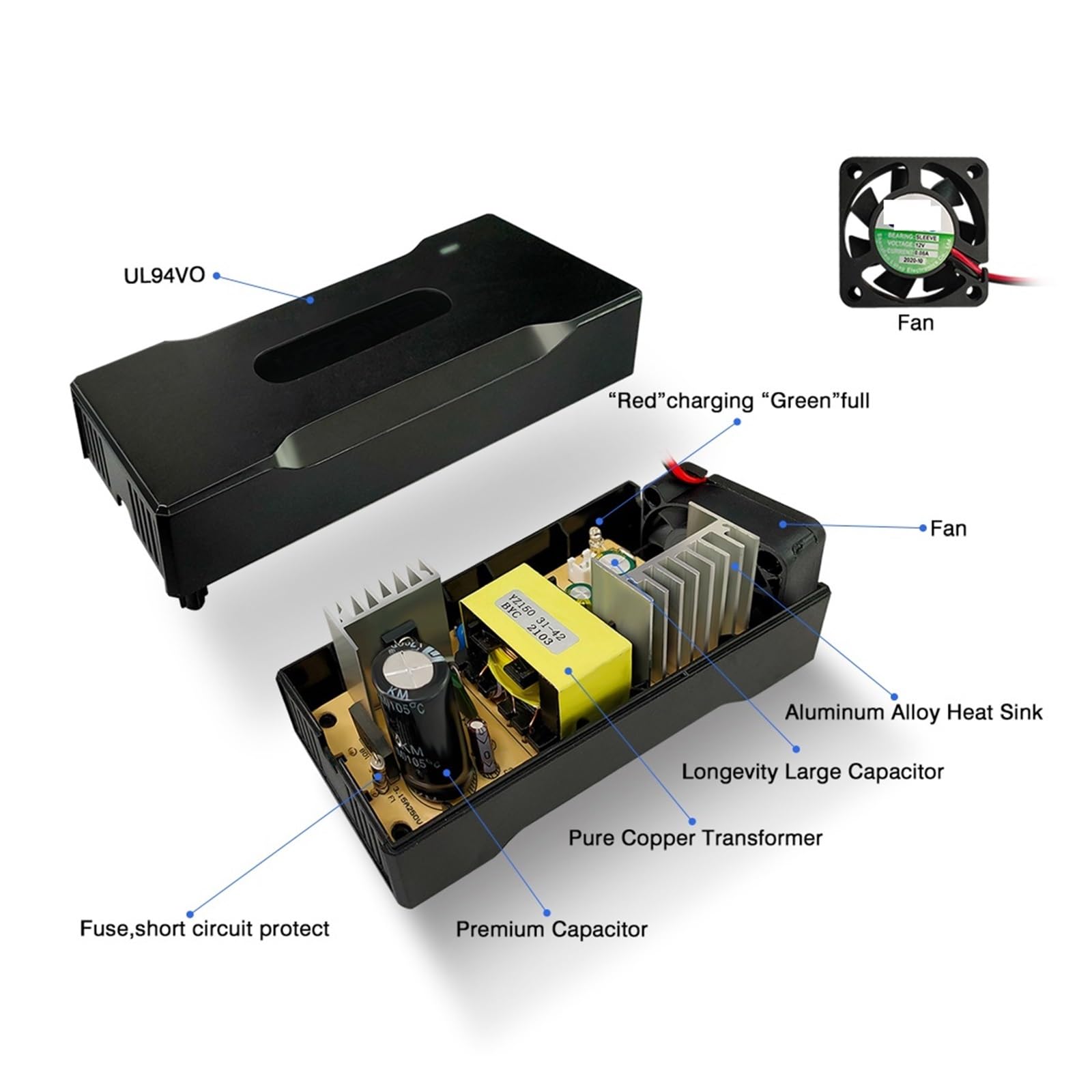 Cargador de baterías de plomo-ácido Cargador de baterías de litio de 67,2 V 2 A, carga rápida for baterías de litio de 60 V, adaptador de corriente universal con ventilador de refrigeración(C13,A.U)