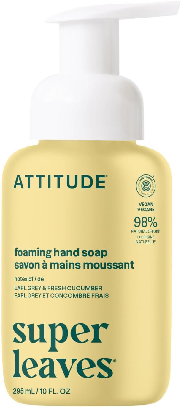 ATTITUDE Foaming Hand Soap, Made in Canada, EWG Verified, Dermatologically Tested, Plant and Mineral-Based, Vegan Personal Care Products, Earl Grey & Fresh Cucumber Scent, 295 mL