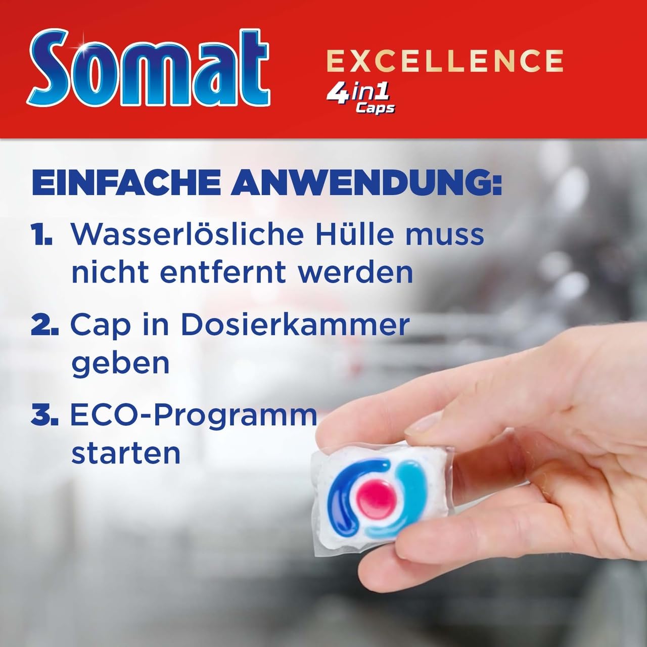 Somat Excellence 4in1 Caps, 282 Caps (6x 47 Caps), schnellauflösende Spülmaschinentabs, Somat Caps für exzellente Reinigung & Glanz sogar im Eco-Programm & bei niedrigen Temperaturen
