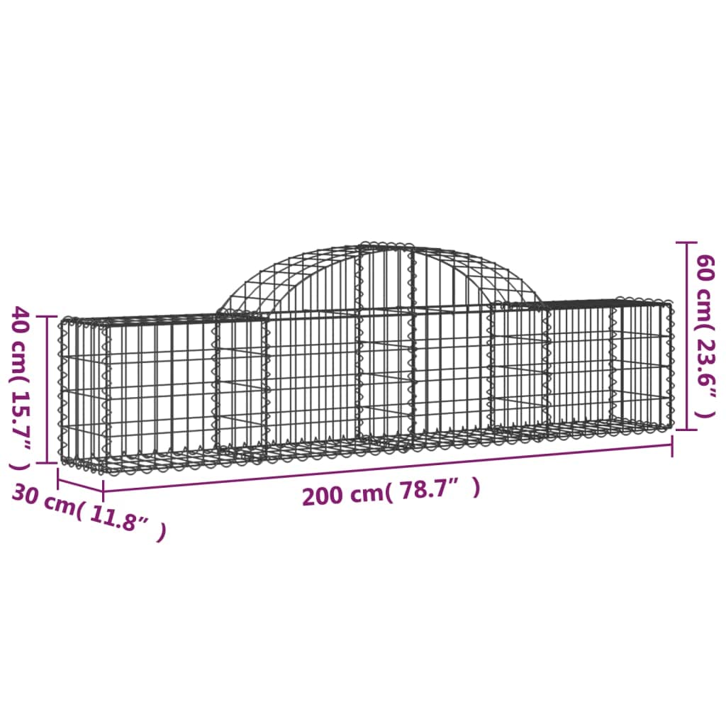 Gaviones con arco alto, 2 unidades, 200 x 30 x 40/60 cm, hierro galvanizado para barreras de jardín y privacidad, cestas de alambre estables como decoración y protección contra el ruido