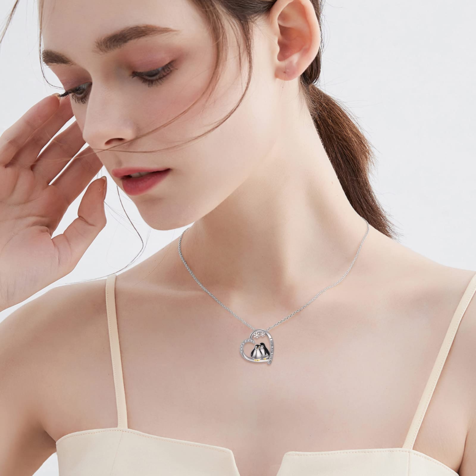 POPLYKE Herz Zwei Pinguin Halskette für Damen 925 Sterling Silber Highland Kuh Schmuck Schwester Freund Mama Tochter Pinguin Geschenke für Damen Geburtstag