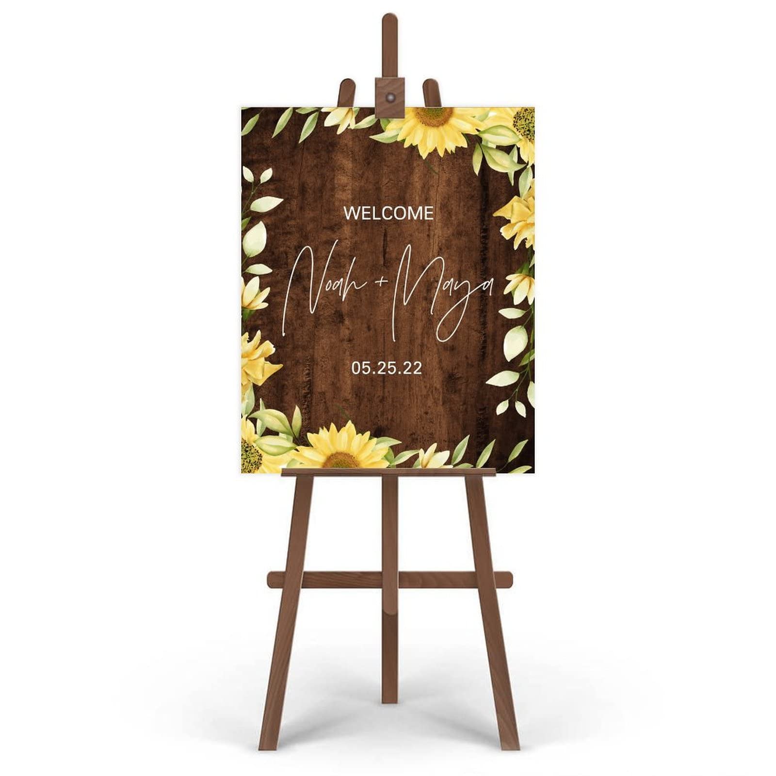 Słoneczniki rustykalny powitalny znak ślubny niestandardowy rustykalny wystrój ślubny dostosowany do Twoich imion i dat próba kolacja tablica powitalna dla gości 45 cm x 61 cm