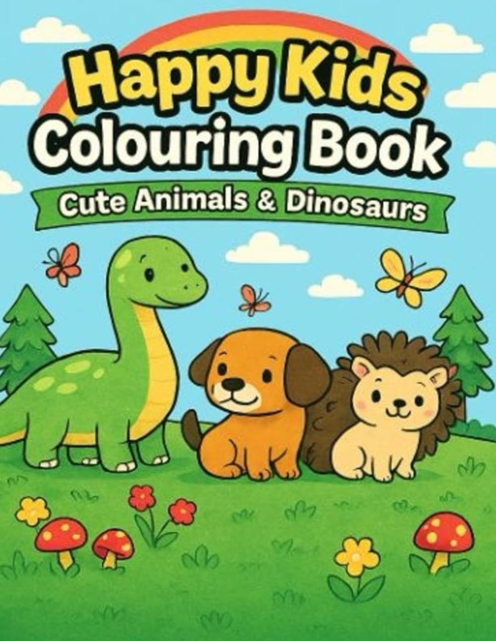 Happy Kids Colouring Book: Cute Animals & Dinosaurs: Fun and Easy Colouring Pages for Kids