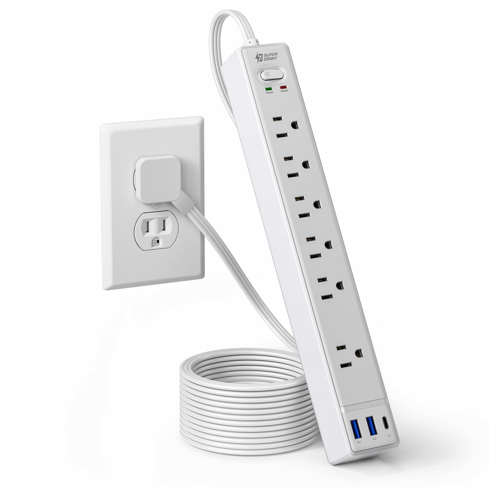 Flat Plug Surge Protector Power Strip, 6ft Ultra Thin Extension Cord with 3 USB, SUPERDANNY 6 Outlets Charging Station, Wall Mountable Outlet Extender for Home Office, College Dorm Room 6FT White
