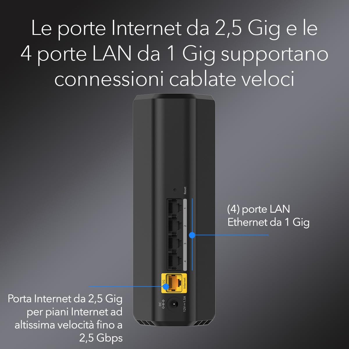 NETGEAR Nighthawk Router WiFi 7 (RS100) , Funzioni di sicurezza, Velocità wireless BE3600 - (fino a 3.6Gbps) - Copertura fino a 135 m2, 50 dispositivi - Porta Internet da 2.5 Gig