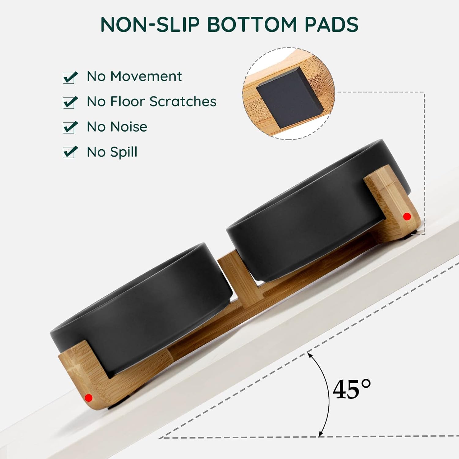 1.7 Black and Wooden SPUNKYJUNKY Ceramic Dog and Cat Bowl Set with Wooden Stand, Modern Cute Weighted Food Water Set for Small Size Dogs (13.5OZ) & Medium Sized Dogs (28.7OZ) & Cats (1.7 Cups, 2 × Black