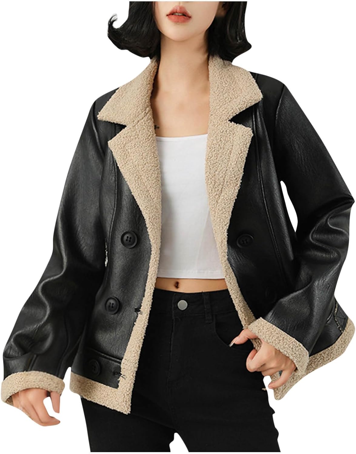 Akklian Women Winter Faux Fur Leather Jacket Thicken Fleece Lined