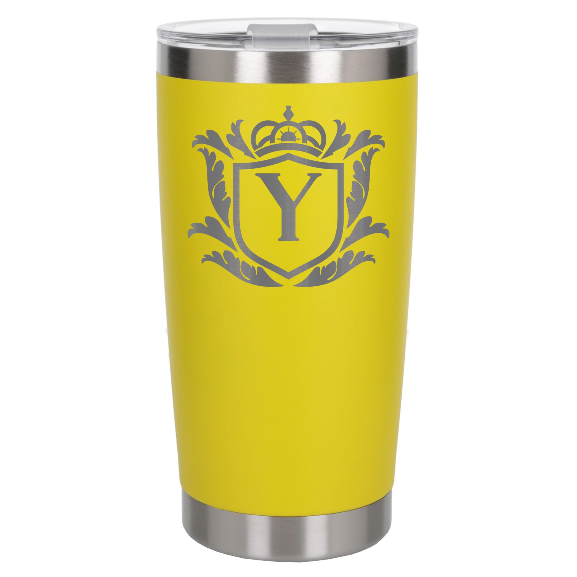 Customised Gifts 500ml Engraved Shield Initial Monogram Insulated Personalised Yellow Travel Mug for Men and Women - Personalised Initial Coffee Travel Mug for Hot and Cold Beverages, Letter Y