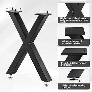 Coffee Table Legs 16H x 11.7W Heavy Duty Metal Bench Legs, X- Shape Dining Table Kitchen Table Office Desk Table Base Replacement with Adjustable Feet Pads Screws 1000 LBS Load Black Set of 2