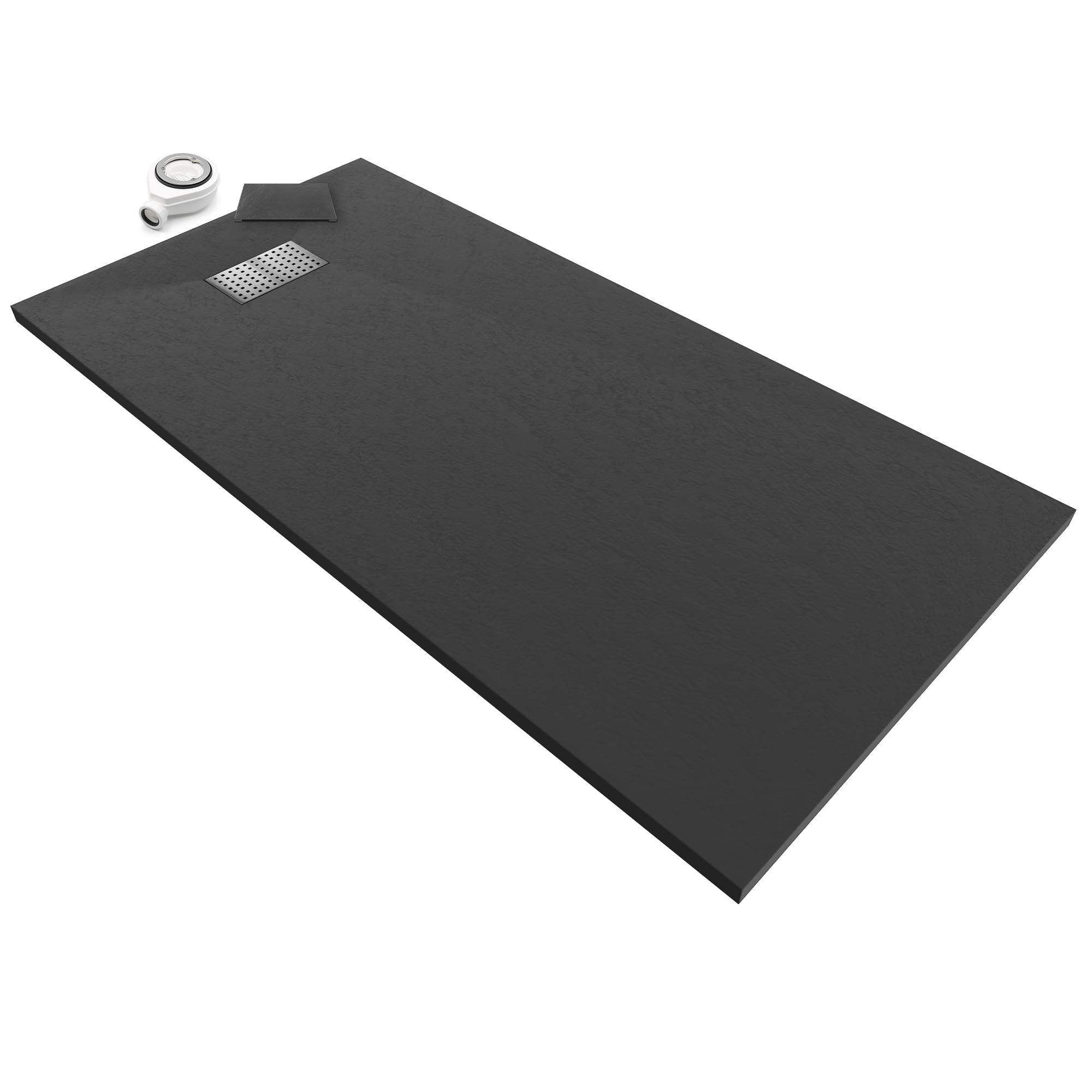 Plato de ducha 70 x 160 cm BOREAL negro RAL 7021 resina SMC extraplano 26 mm, antideslizante con tecnología GRIPSTONE, textura pizarra, válvula de desagüe y rejilla en inox