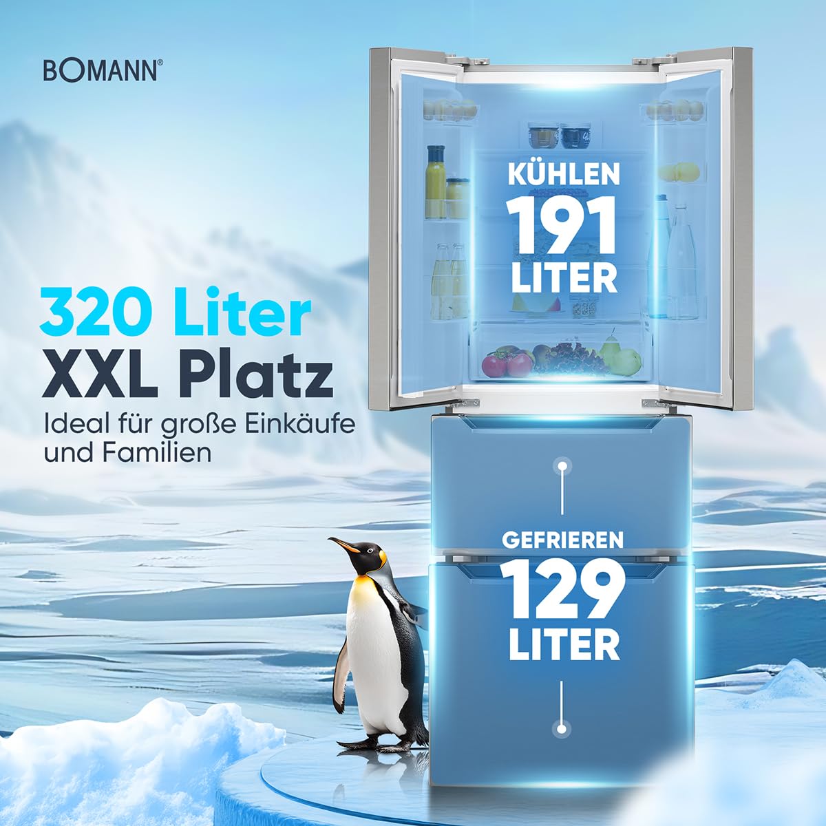 Bomann Réfrigérateur et Congélateur 320L Inox KG7361-Inox, Système MultiAirflow, Totalement Sans Givre, Éclairage LED, 4 Étagères en Verre, 2 Tiroirs Congélation, Économie d'Énergie