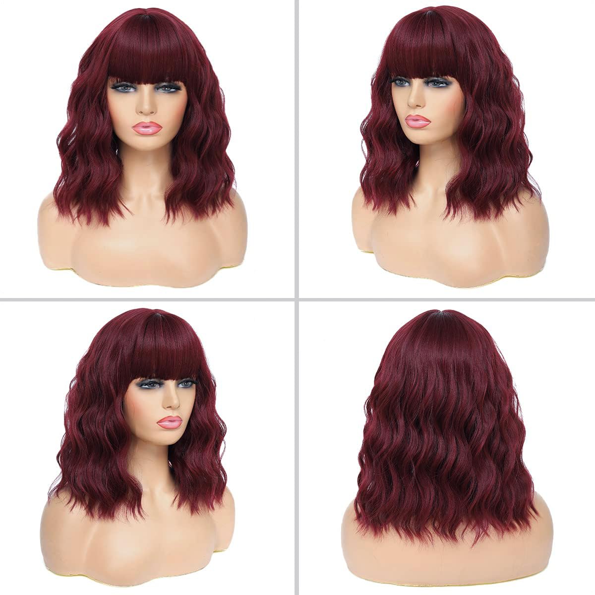 PORSMEER 14 inch Shoty Wavy Red Bob Wig with Fringe for Women Shoulder Length Curly Synthetic Hair Wig for Cosplay Halloween Party Daily Use,Dark Red - Image 4