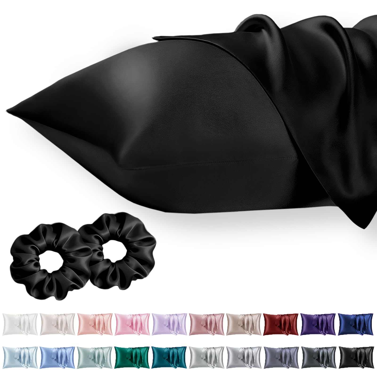Vielit Queen Satin Pillowcase for Hair 2pc,Similar to Silk Pillow Cases,Easier Care Than Silk Pillowcase,Gifts for Women Men,Black,20x30 & Envelope Closure and 2 Satin Scrunchies — image 1