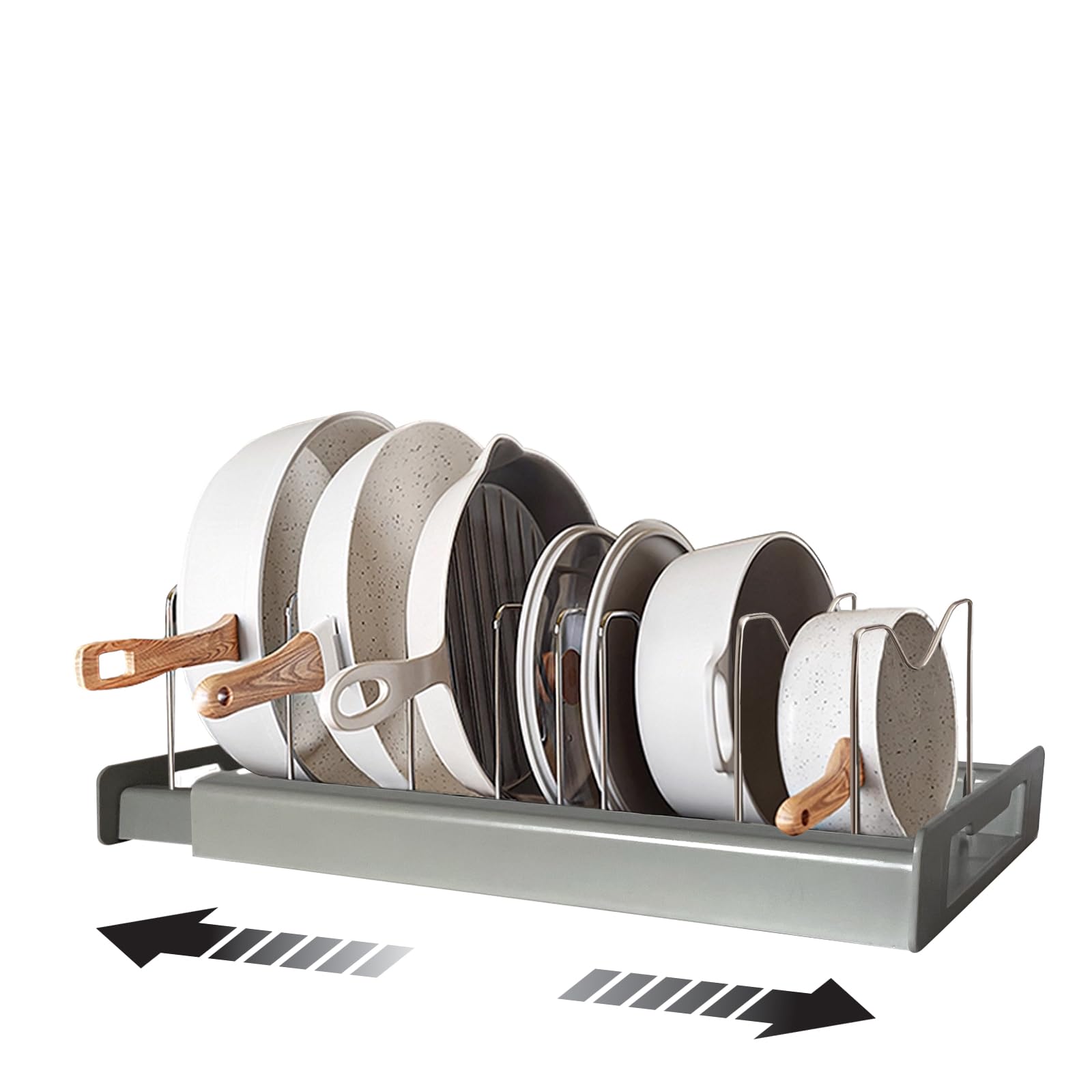 Fiyon Black Expandable Pan And Pot Lid Organiser Rack, Kitchen Cabinet Storage With Dividers, Adjustable Cookware Holder, Grey