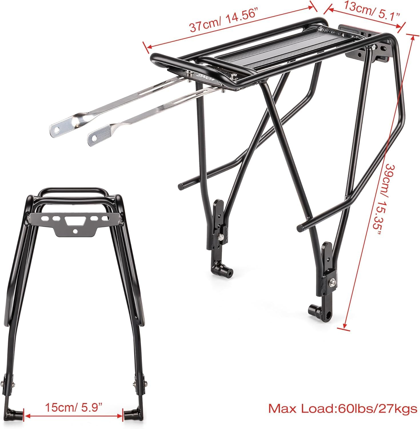 Portaequipajes universal para bicicleta con rieles laterales para alforjas, portaequipajes trasero ligero de aluminio para 26-29 pulgadas, carga de 27 kg