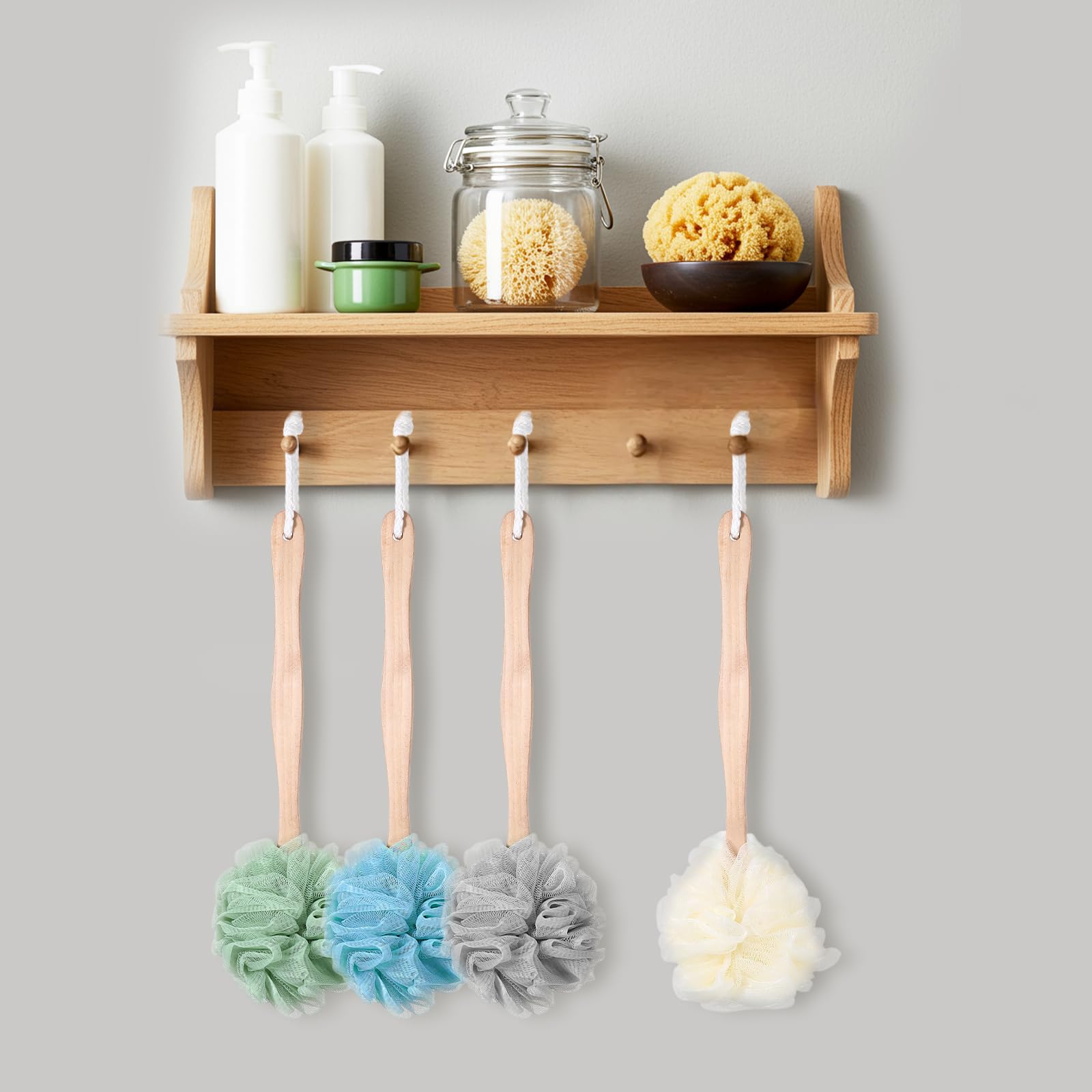 10 spugne grandi da bagno in luffa con manico lungo per doccia, luffa con manico per schiena, spazzola spa per donne e uomini (4 colori)