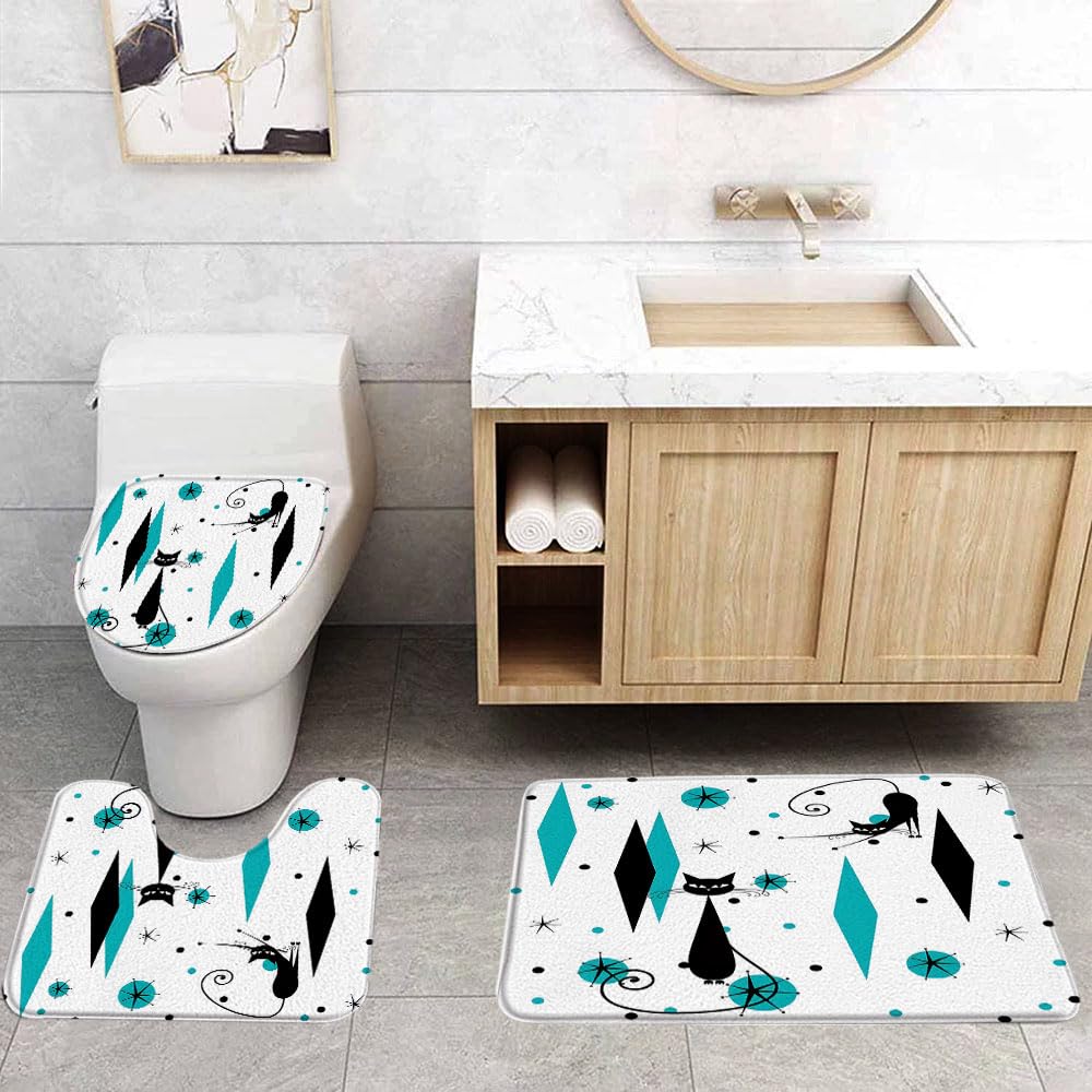 Mid Century Black Cat 3 Pcs Bath Rugs Set,Atomic Starbursts Cat Modern Abstract Geometric Pattern 1950s 60s Retro Teal Bathroom Kitchen Rug with 16