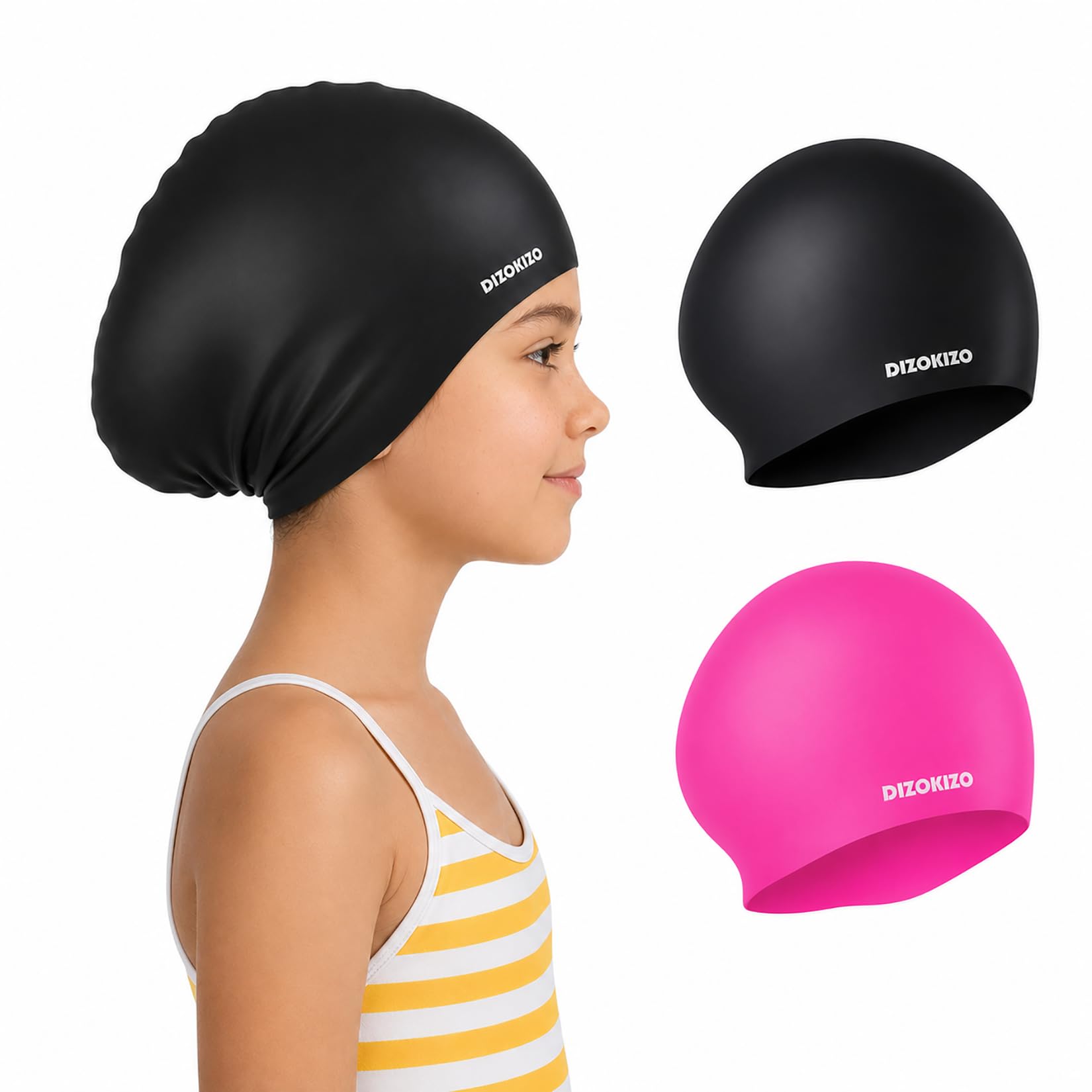 2pcs Silicone Swim Cap for Kids 6-14, Non-Slip for Girls & Boys | High Elasticity Comfort…