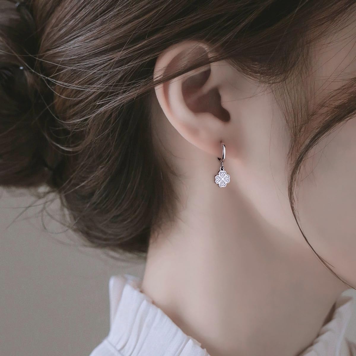 SLUYNZ 925 Sterling Silver CZ Clover Hoop Earrings Dangle for Women Teens Lucky Clover Leaf Huggie Earrings Flower Drop - Image 2