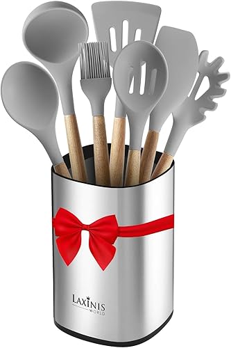 Soporte para utensilios de cocina de acero inoxidable, organizador grande de utensilios, diseño rectangular moderno, utensilio de 6.1 x 5 pulgadas