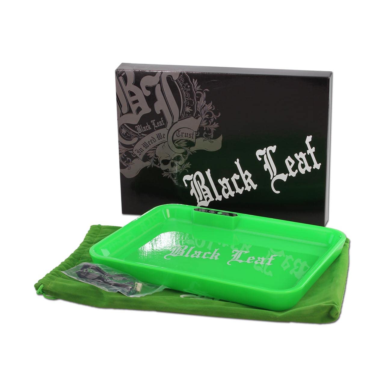 Black Leaf LED Light Green Metal Herb Rolling Tray | Modern Style | 279 x 209 x 34 mm