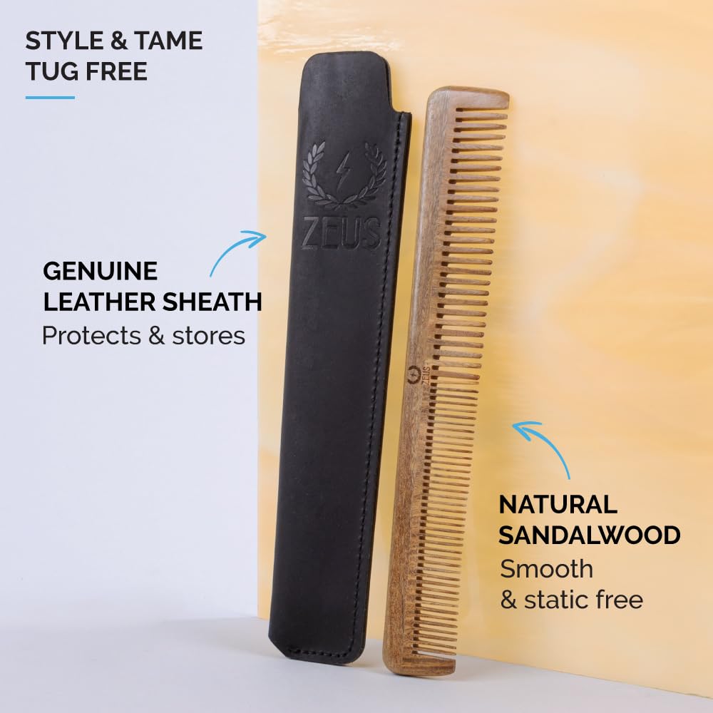 Peine para barba y bigote de sándalo con funda de cuero, peine largo hecho a mano con corte de sierra y antiestático (L31) 2