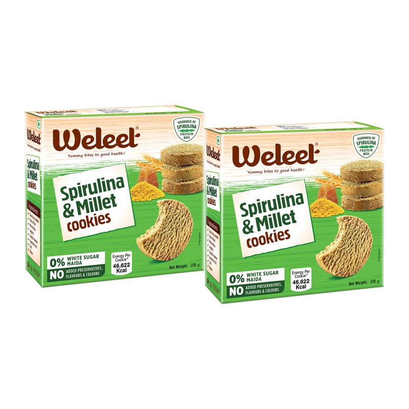 Image of Weleet Digestive Healthy Cookies | Home /Office Snack (Spirulina & Millet) | Pack of 2 (Each 270gm)