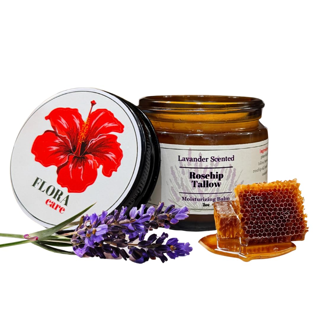 100% Grass-Fed Beef Tallow Face Moisturizer - Natural Organic Skin Care with Lavender Essential Oil - Nourishing 2oz Balm with Rose Hip Oil & Beeswax for Sensitive Skin, Hands & Lips