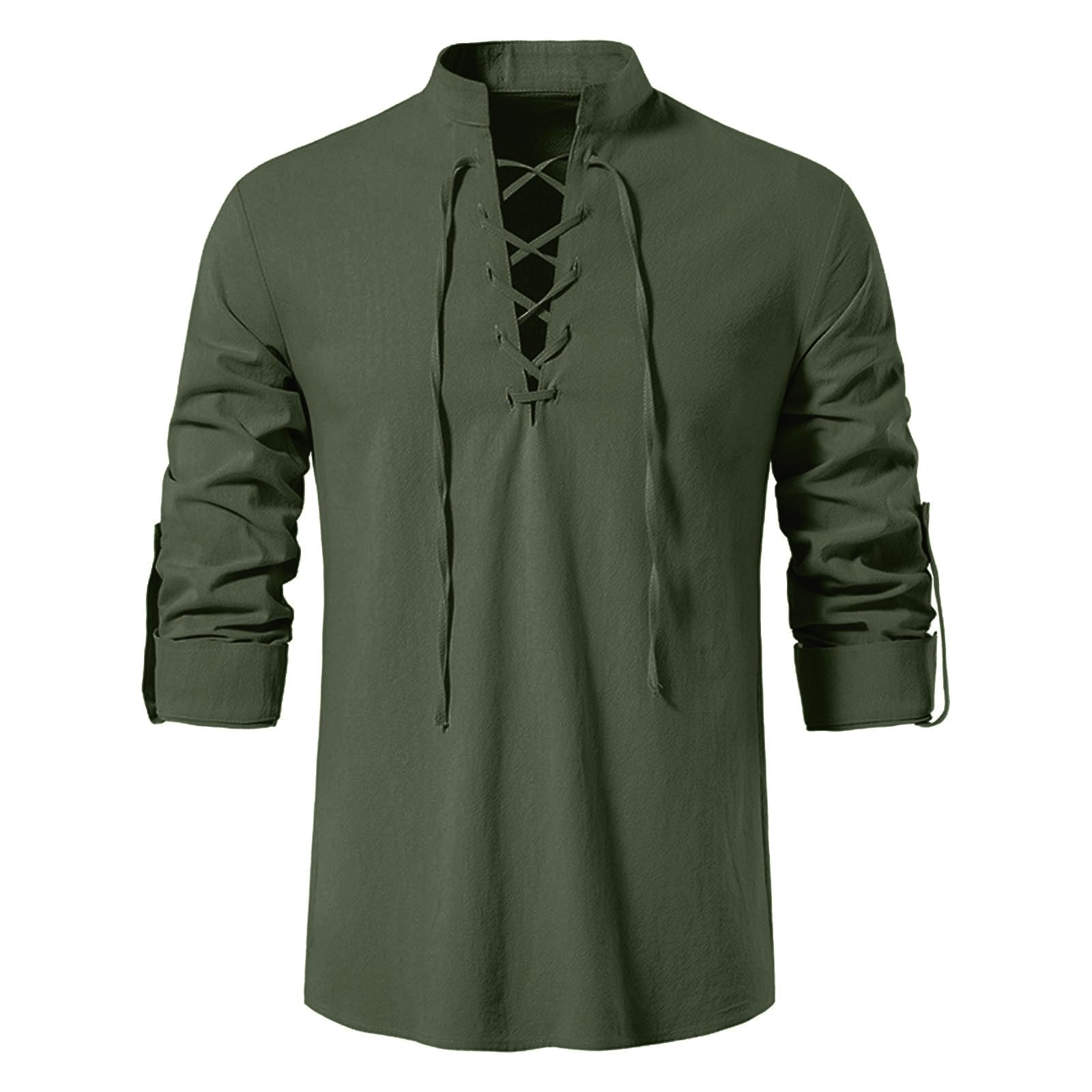 VDDTAGAM Pirate Shirt Grandad Shirts for Men Mens Tops Casual Smart Pirate Shirts Halloween Shirts for Men Viking Tunic Shirts for Men Pirate Costume Adult Men Khaki Shirt Viking Costu(Army Green,L) — image 1