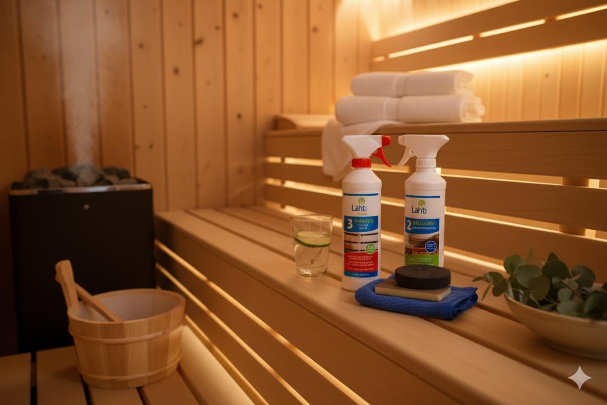 Lahti Sauna Care Set - Set für HolzSchutz, Reinigung und Pflege Ihrer Sauna - 1 PURUVESI, 2 OULUJÄRVI + Zubehör