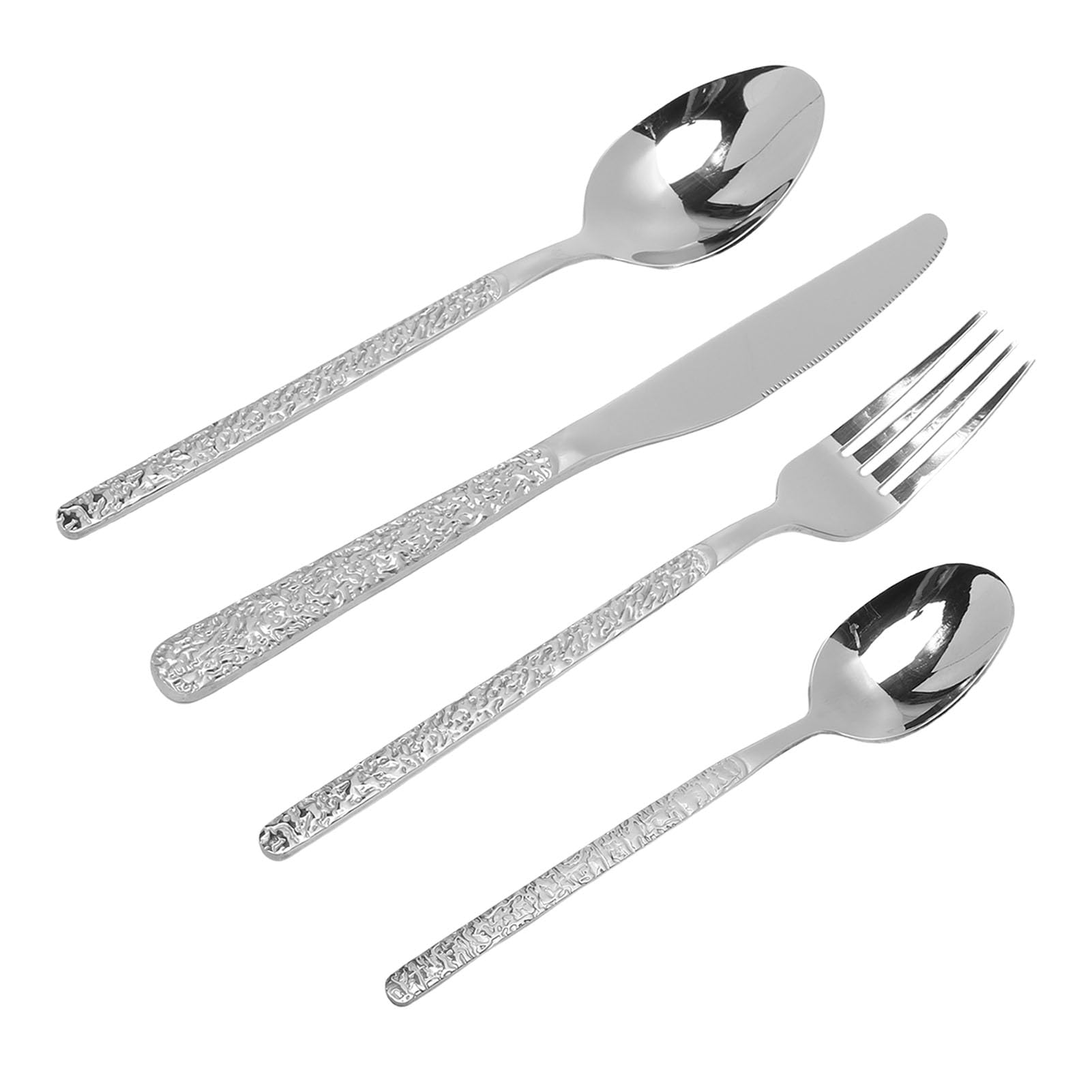 24PCS Stainless Steel Flatware Set, Hammered Silverware Kitchen Cutlery Set with Plated Finish for Home Wedding (Silver)