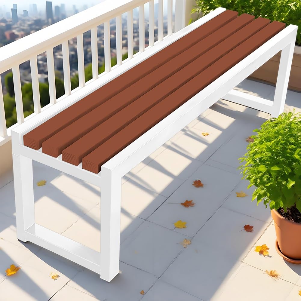 Wetterfeste Gartenbank für 2 Personen, rückenfrei, Holzterrassensitz, Metallrahmen, für Park, Hinterhof, Eingangsbereich, 150 cm, Kaffeeweiß