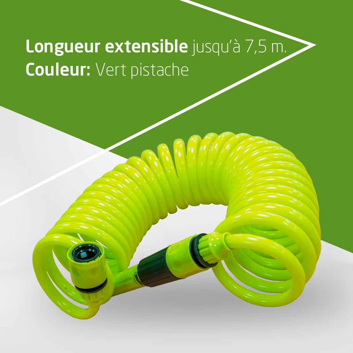 Amig - Tuyau d'arrosage en spirale de 3/8" avec accessoires de jardinage ou de nettoyage - Comprend une lance d'irrigation, un adaptateur et 2 raccords - Extensible jusqu'à 7,5 m Vert pistache