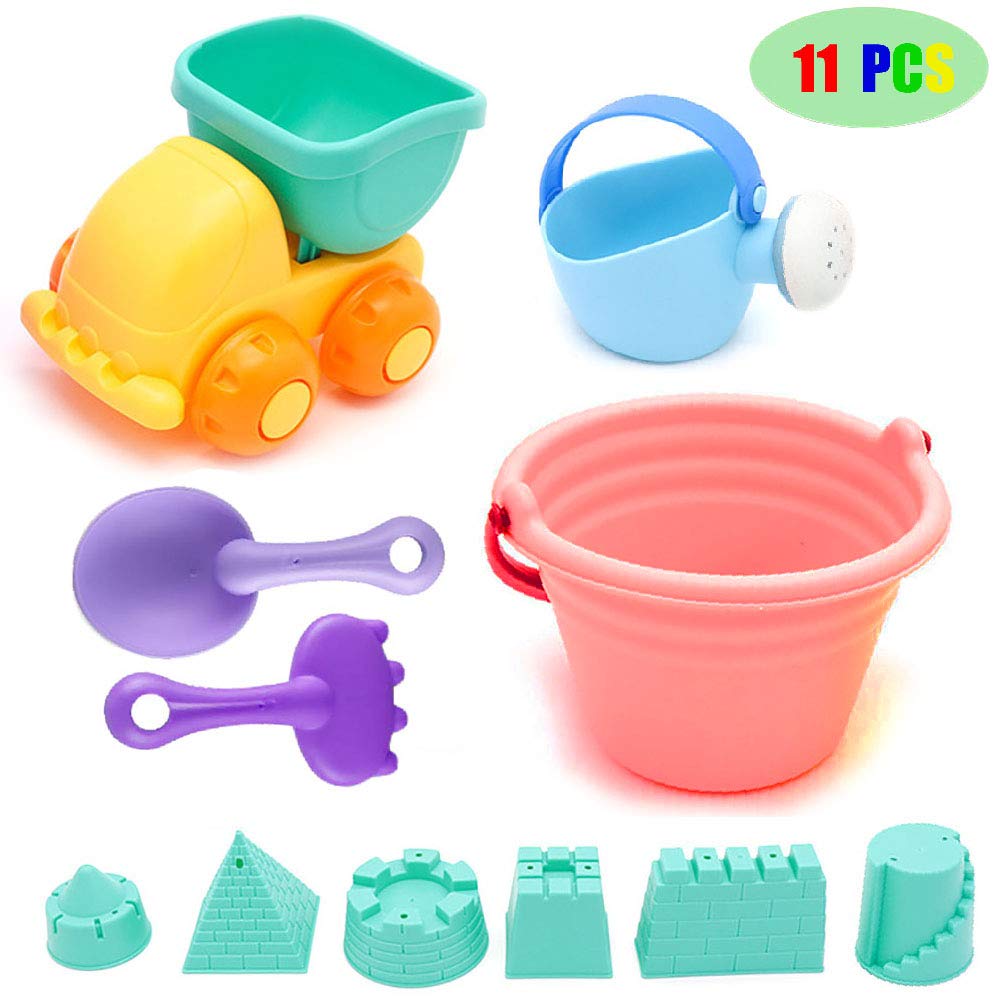 ZLIXING 11 Pieces Beach Toys Kids Sand Toys Castle Building Kit with Beach Bucket Shovels Rakes, Watering Can, Truck Sandbox Toy for Toddlers Boys Girls
