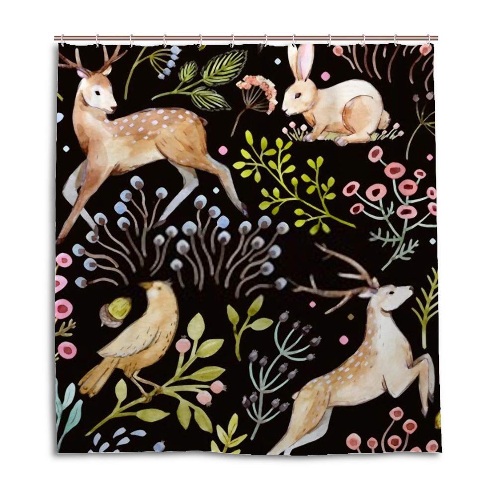 Rideau de douche imperméable motif cerf et fleurs 180x180cm avec crochets