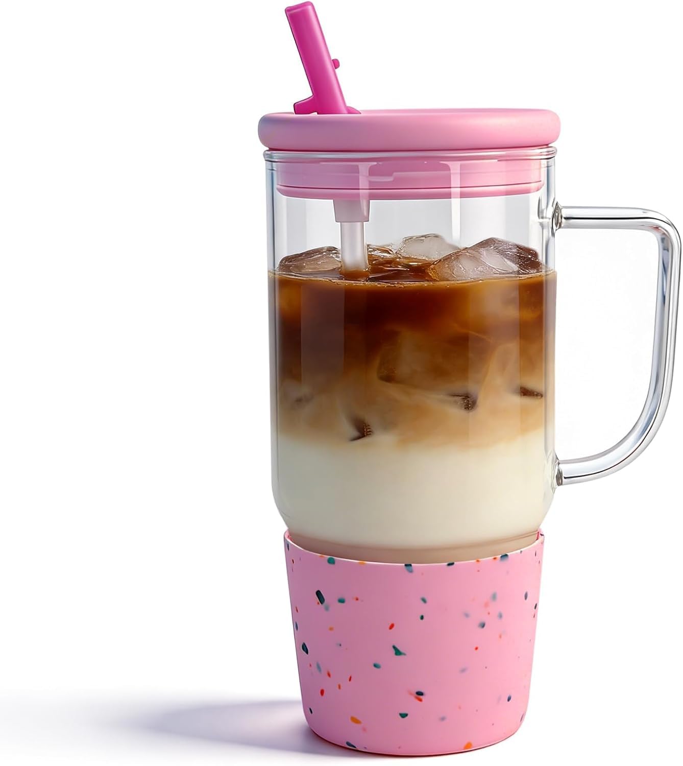 ANOTION Glass Cups with Lids and Straws, 40 Oz Tumbler with Handle, Pink