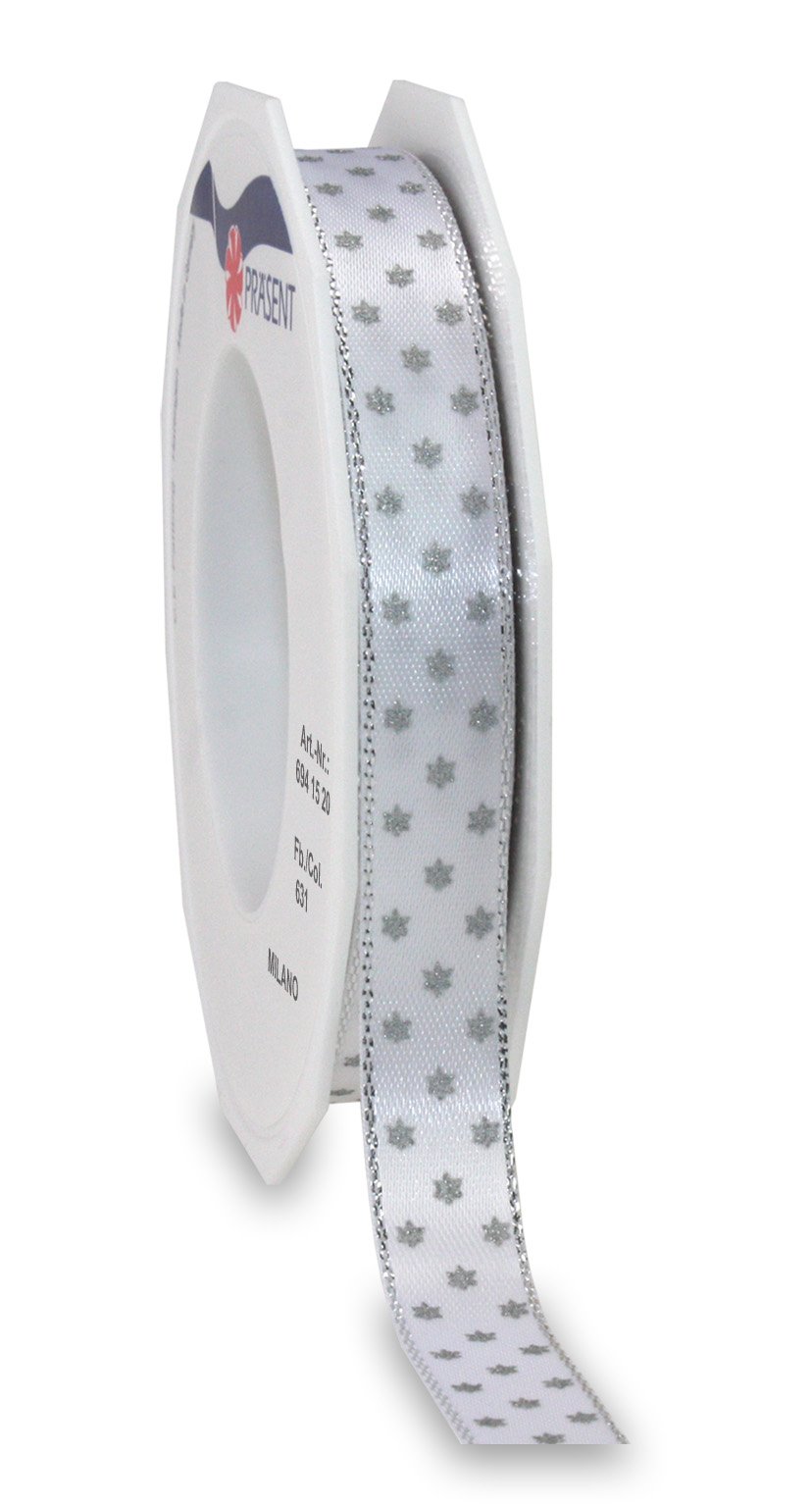 Präsent - Milano Printed Satin Ribbon White-Silver 20-m-Roll 15 mm width, Gold, 15mm - 20m