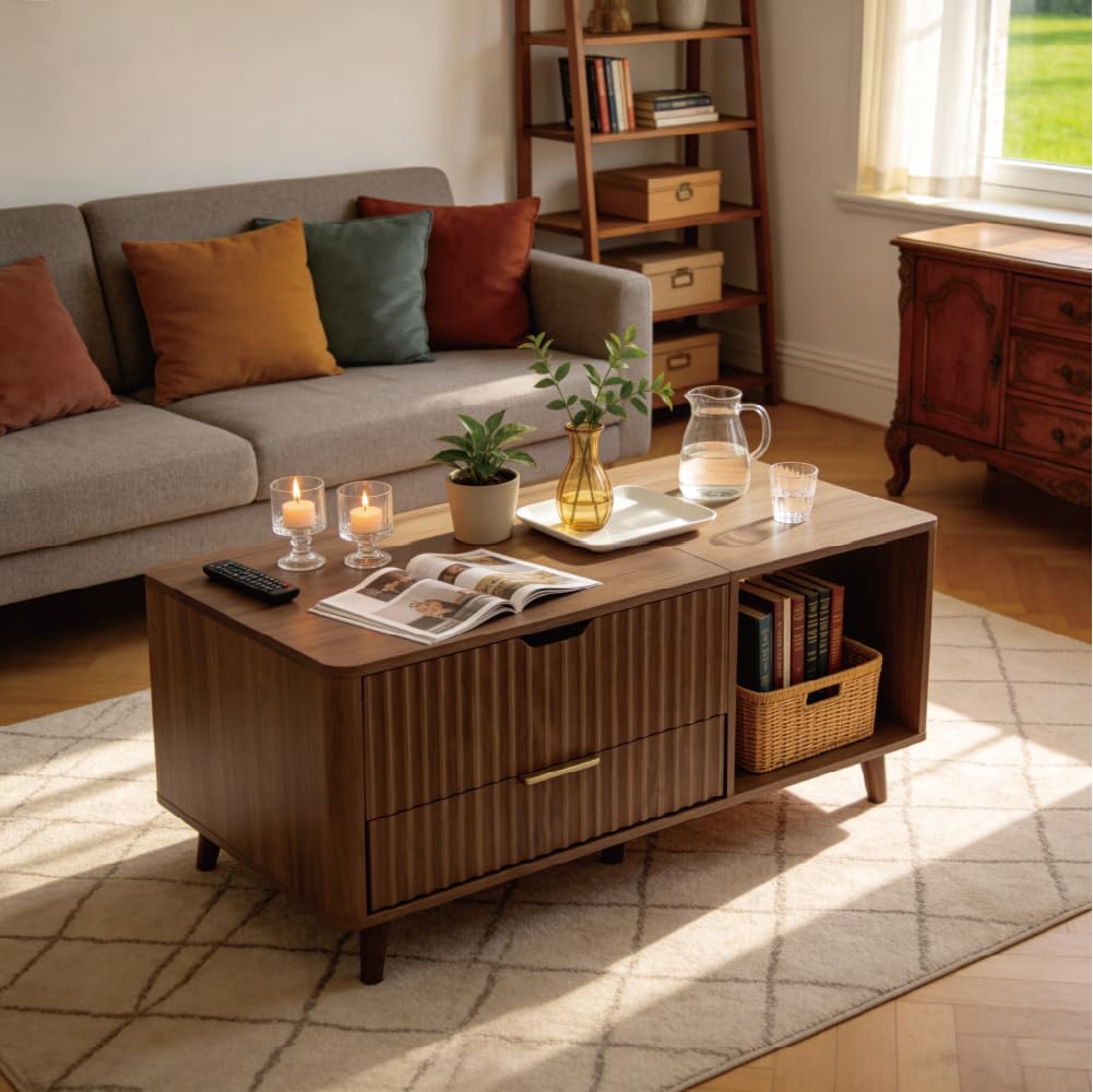 DAWYNIELD Mesa de Centro Elevable, Diseño Acanalado – con Compartimento Oculto y Cajón, Mesa de Madera con Estante Abierto, Mesa de Comedor Ahorradora de Espacio para Salón, Color Roble