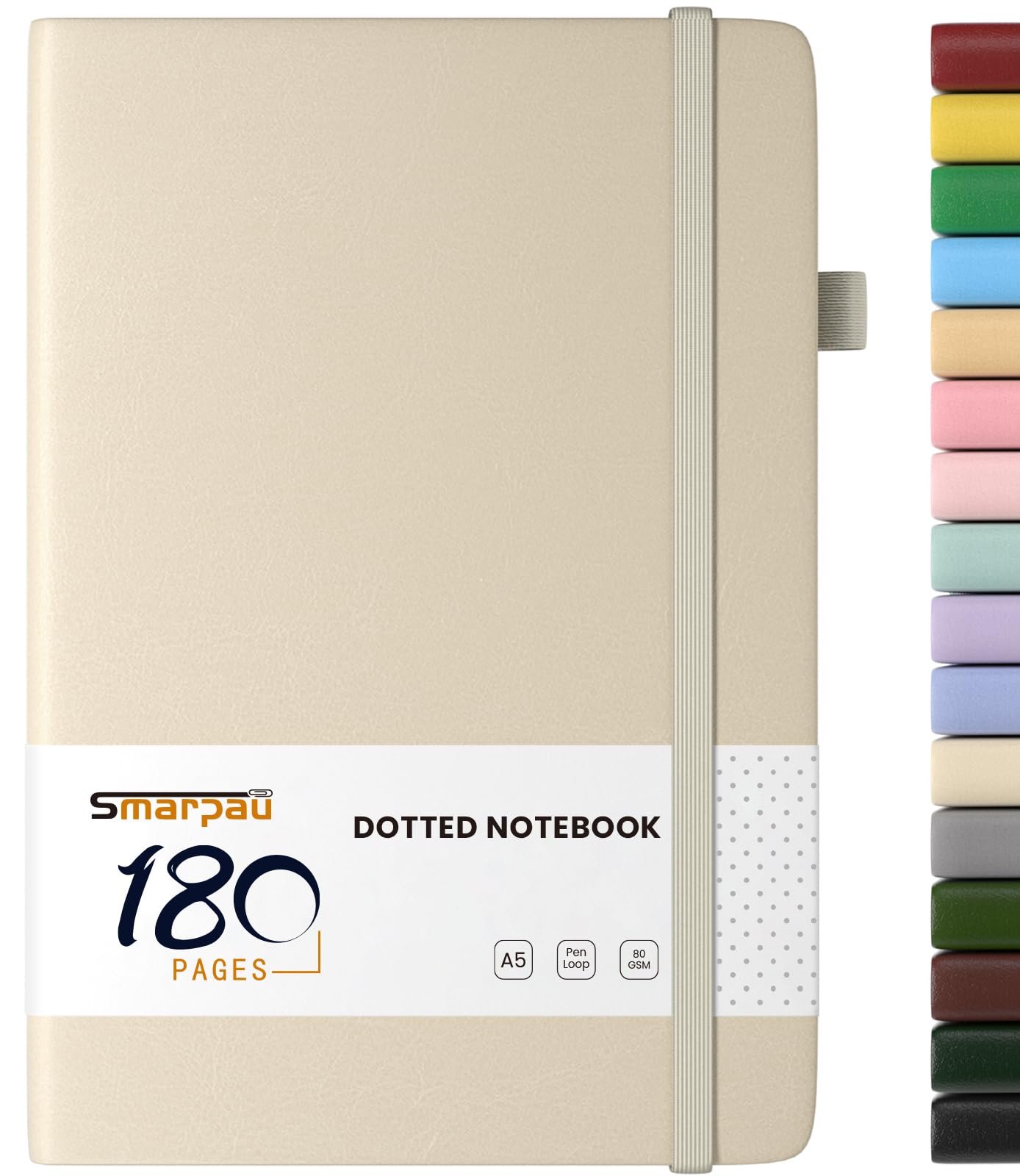 Smarpau A5 Bullet Dotted Journal, 180 Pages Hardback Dotted Notebook, PU Leather Journal for Women Men, No Bleed for Writing, Notepad for Office School Travel (Beige)