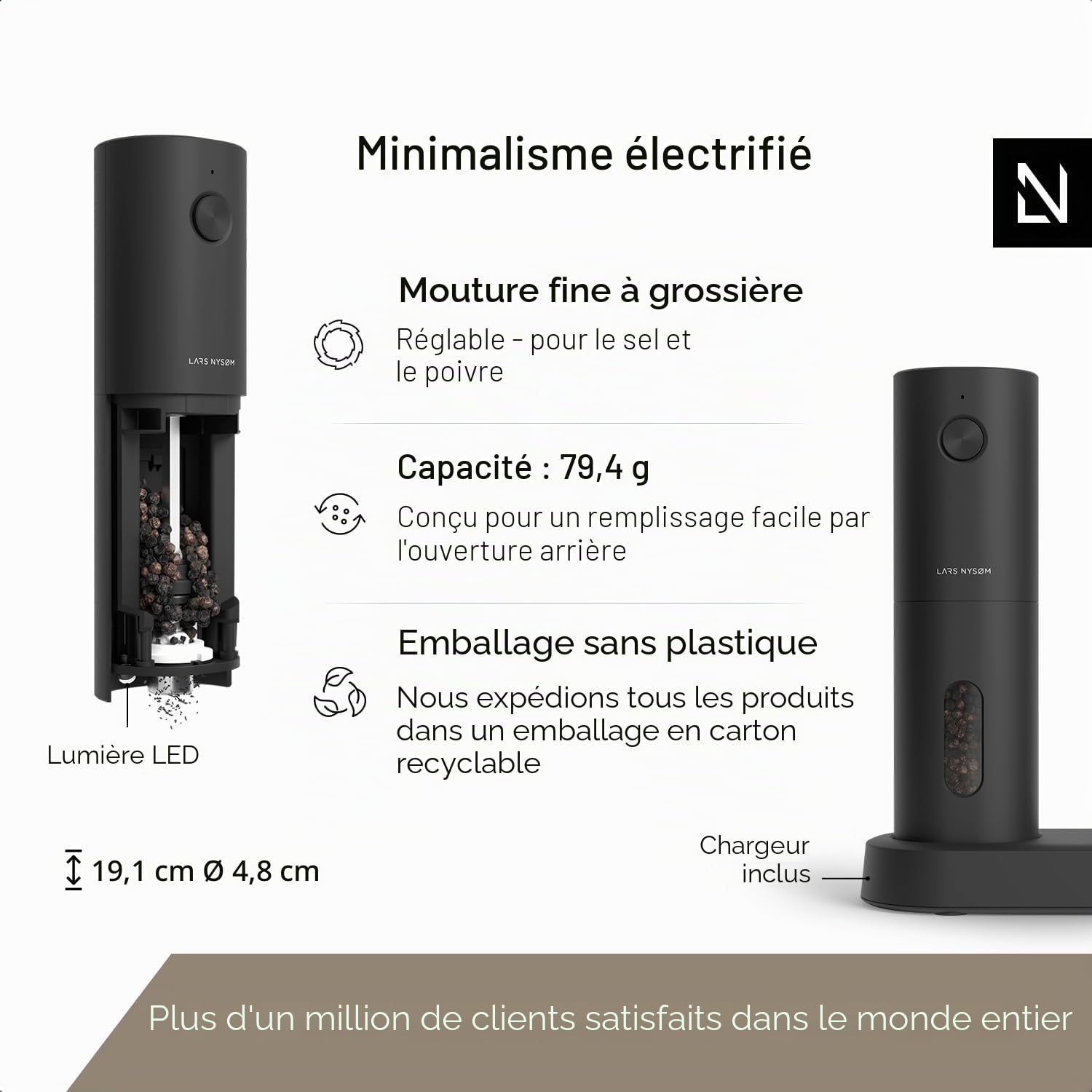 Moulin électrique sel et poivre LARS NYSØM automatique broyeur céramique rechargeable USB Carbon Black