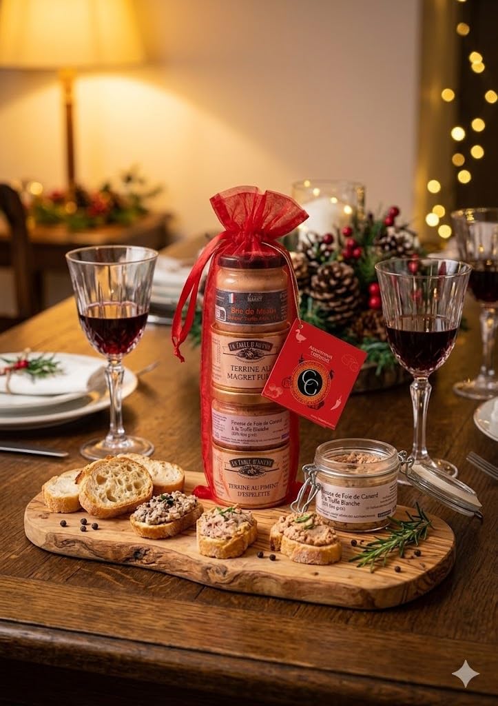 COLIS GOURMANDS – Coffret Cadeau Idee Originales Terrines Artisanales – Magret Fumé, Piment d'Espelette, Foie de Canard Truffe Blanche, Brie de Meaux Truffe – Idéal Noël, Anniversaire, Fête des Pères