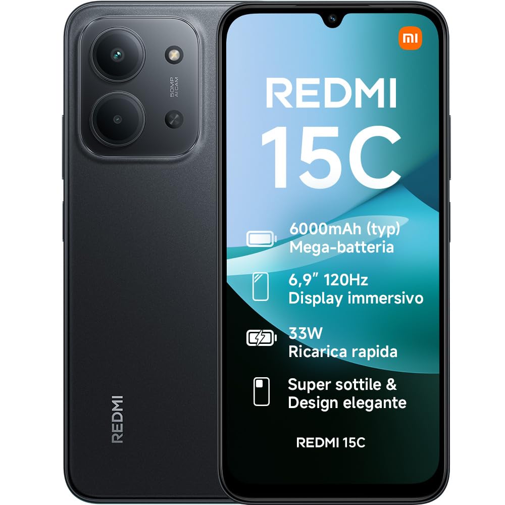 Xiaomi Redmi 15C, Smartphone 4+128GB, Display 6,9" 120Hz, 7,99mm, MediaTek Helio G81-Ultra, Dual camera da 50MP, Mega batteria da 6000mAh, Garanzia 2 anni, Nero, Caricabatterie non incluso