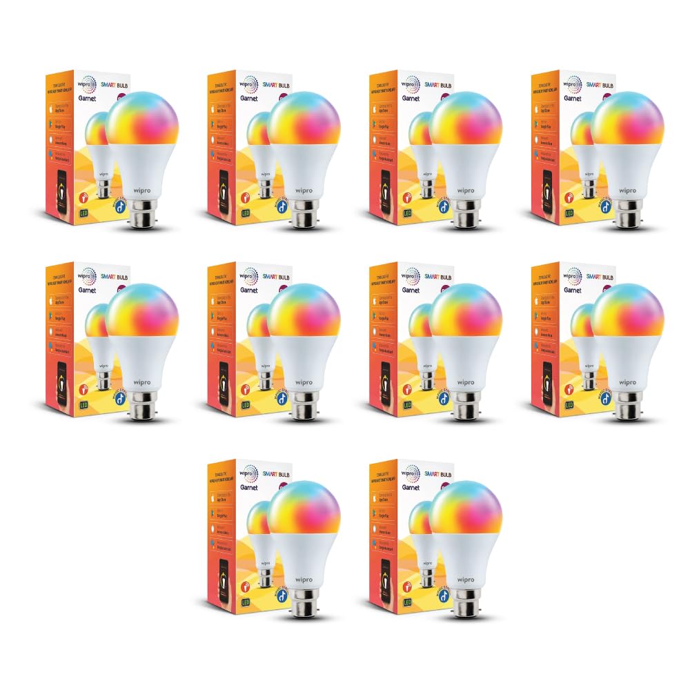 wipro 9W B22D WiFi LED Smart Bulb with Music Sync Function, Compatible with Amazon Alexa and Google Assistant (16M Colours, Warm White/Neutral White/White + Dimmable) Pack of 10