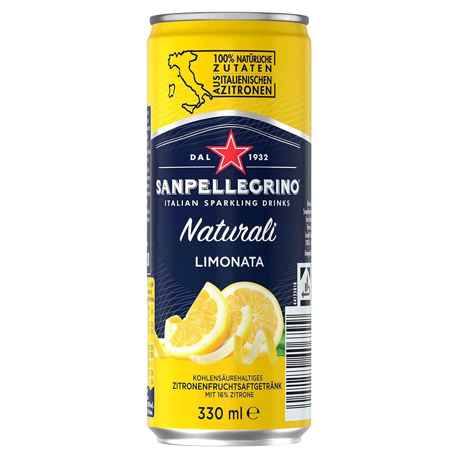 48x San Pellegrino Limonata Limonade 100% Natürliche Inhaltsstoffe Alkoholfreies Getränk Kohlensäurehaltiges Erfrischungsgetränk auf Basis von Zitronensaft 16% Einwegdose 330ml