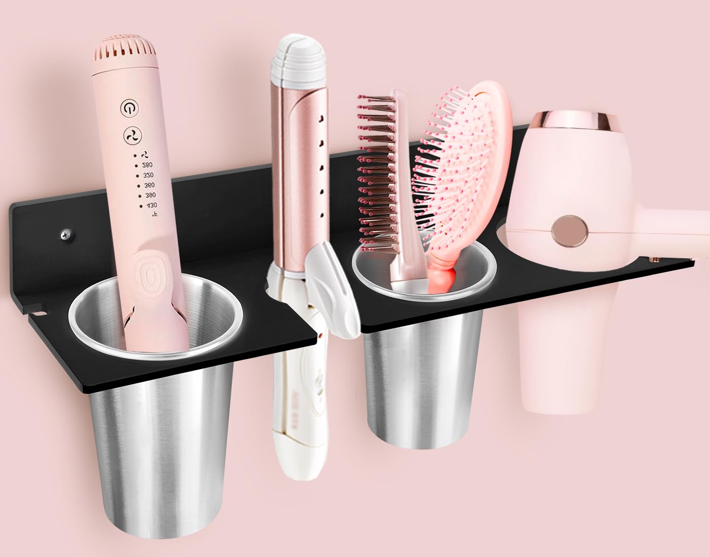 Organizzatore per strumenti per capelli, porta asciugacapelli con tazze in acciaio resistenti al calore, organizzatore acrilico per bigodini, ferri da stiro e spazzola per capelli, perfetto per il